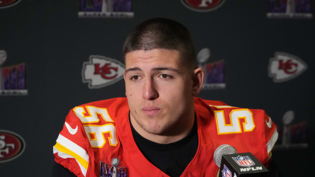 Feb 6, 2024; Las Vegas, NV, USA; Kansas City Chiefs defensive end George Karlaftis (56) during a press conference before Super Bowl LVIII at Westin Lake Las Vegas Resort and Spa. Mandatory Credit: Kirby Lee-USA TODAY Sports  